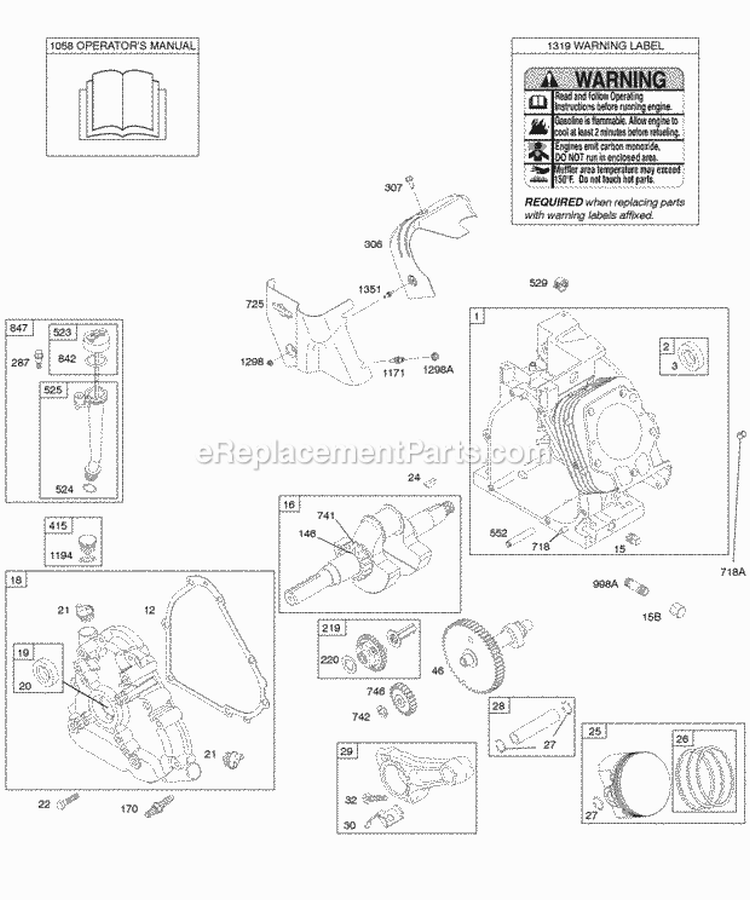 Camshaft Crankcase Cover Crankshaft Cylinder Lubrication OperatorS Manual PistonRingsConnecting Rod Warning Label Diagram and Parts List for 20E214-0358-E1  Briggs and Stratton Engine